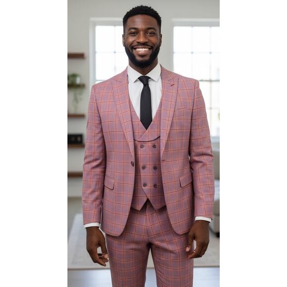 VITALI Other - Mens Vitali Modern Fit 3pc Denim Lavender Plaid Formal Suit M9857-PK-NP 51W 56